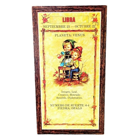 Vintage Kitschy 70s Zodiac Libra Horoscope Hummel Style Wood Wall Hanging Plaque - Picture 1 of 3